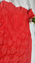 Adaya Chilly Red Silk Chikankari Kurta Set by LVW Fashions featuring intricate hand-embroidery and traditional Lucknow chikankari.