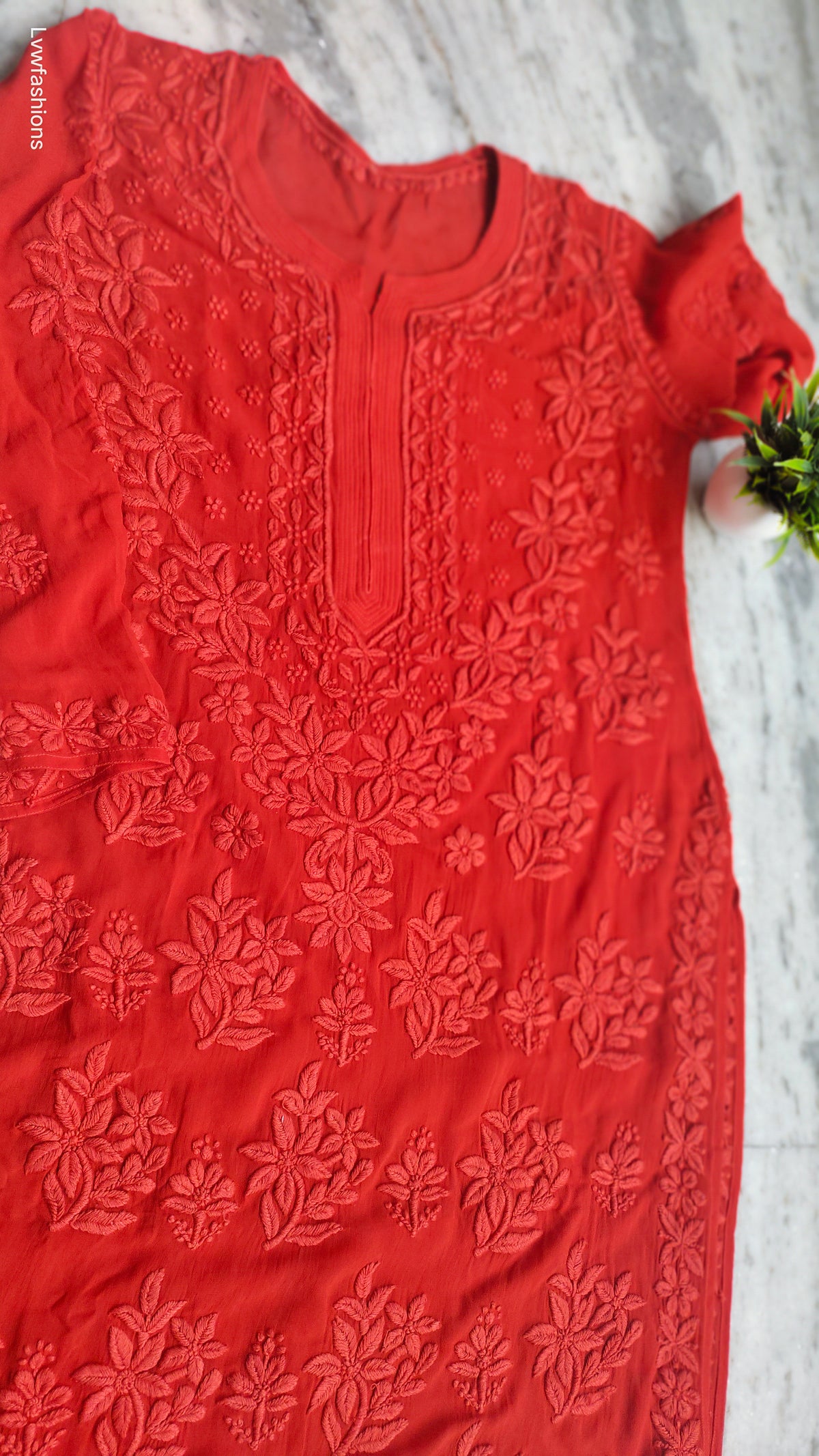 Adaya Chilly Red Silk Chikankari Kurta Set by LVW Fashions featuring intricate hand-embroidery and traditional Lucknow chikankari.