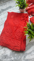 Adaya Chilly Red premium silk Chikankari Kurta set by LVW Fashions, featuring intricate handmade Lucknow Chikankari embroidery.