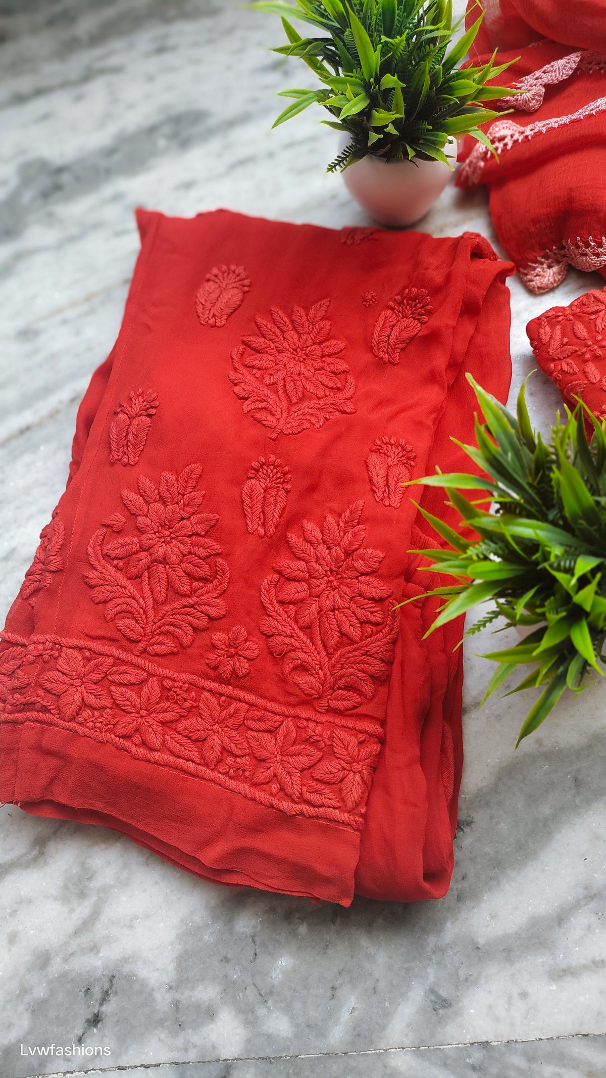 Adaya Chilly Red premium silk Chikankari Kurta set by LVW Fashions, featuring intricate handmade Lucknow Chikankari embroidery.