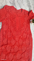 Adaya Chilly Red premium silk Chikankari Kurta set featuring intricate handmade Lucknow Chikankari embroidery.