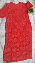 Adaya Chilly Red premium silk Chikankari kurta set by LVW Fashions, featuring intricate handmade Lucknow Chikankari embroidery.