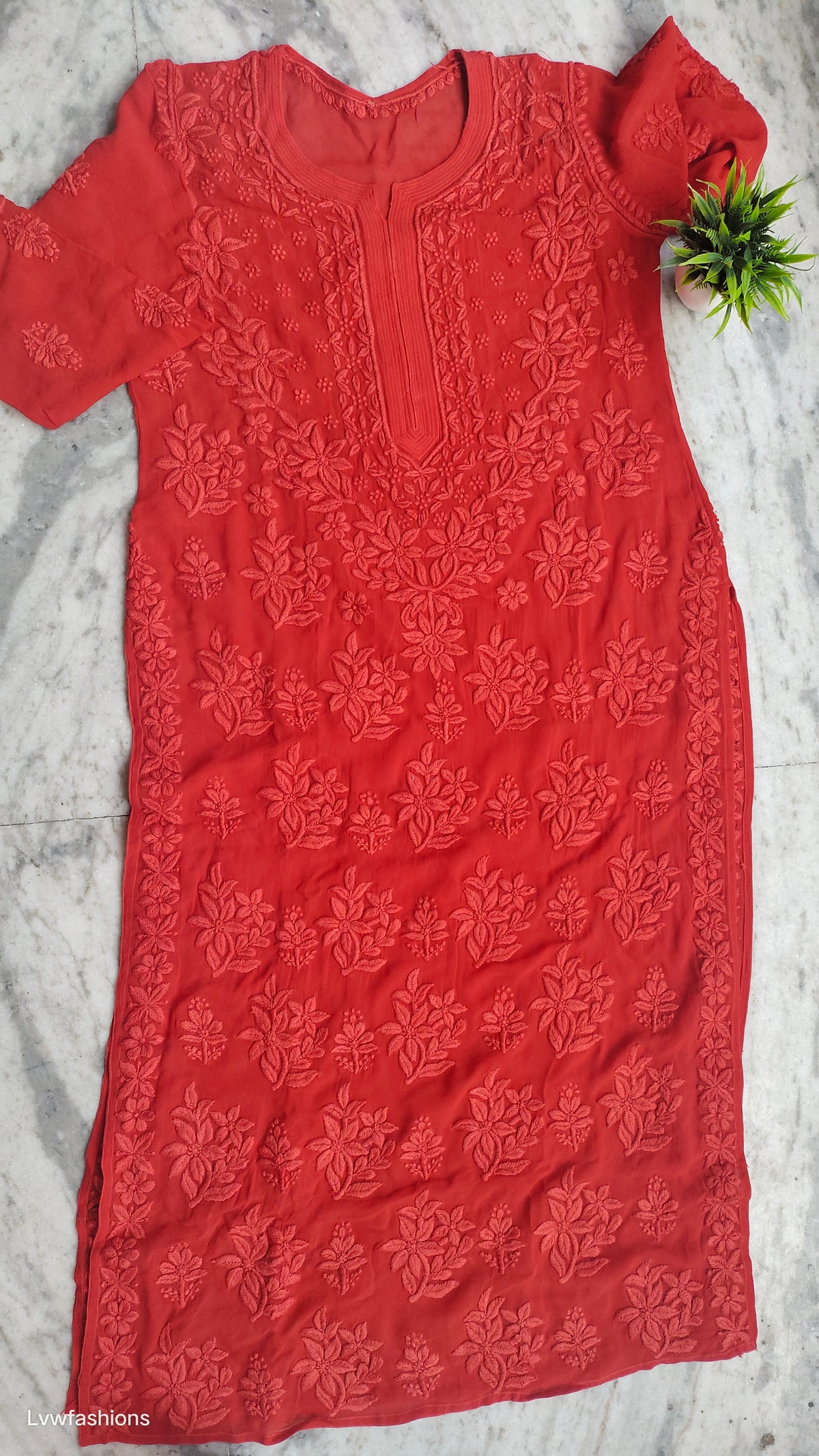 Adaya Chilly Red premium silk Chikankari kurta set by LVW Fashions, featuring intricate handmade Lucknow Chikankari embroidery.