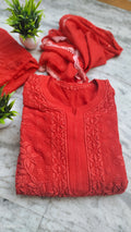 Adaya Chilly Red premium silk Chikankari Kurta set by LVW Fashions featuring intricate handmade Lucknow embroidery.