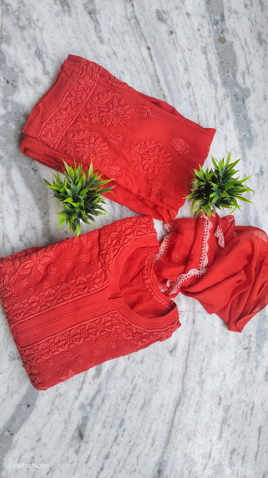 Adaya Chilly Red premium silk Chikankari kurta set by LVW Fashions featuring intricate handmade Lucknow Chikankari embroidery.