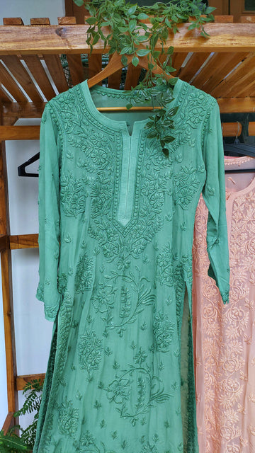 Aadya floral Chikankari long kurti by LVW Fashions featuring intricate handmade Lucknow Chikankari embroidery.