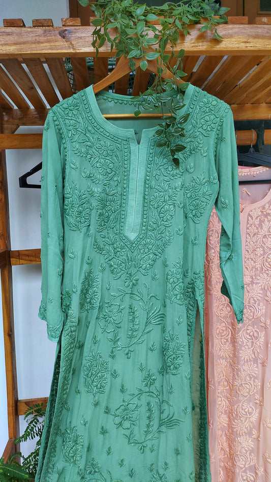 Aadya floral Chikankari long kurti by LVW Fashions featuring intricate handmade Lucknow Chikankari embroidery.