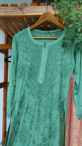 Handmade Adaya Floral Chikankari Long Kurti by LVW Fashions featuring intricate Lucknow chikankari embroidery.