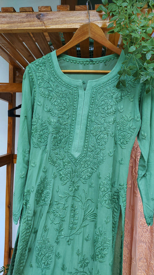 Handmade Adaya Floral Chikankari Long Kurti by LVW Fashions featuring intricate Lucknow chikankari embroidery.