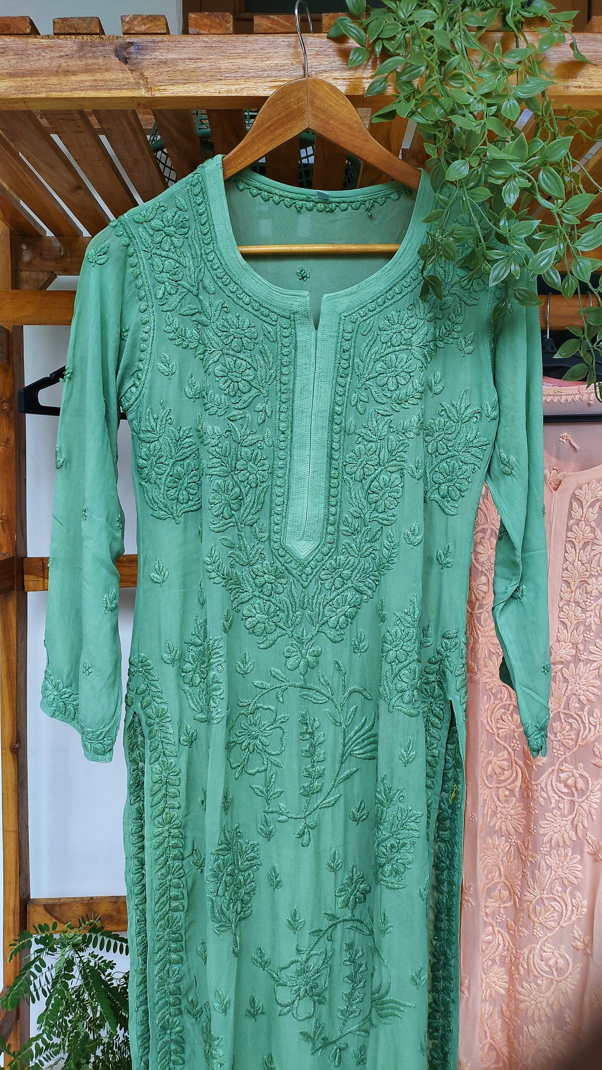 Aadya floral chikankari long kurti by LVW Fashions with intricate handmade Lucknow chikankari embroidery, in a floral design.