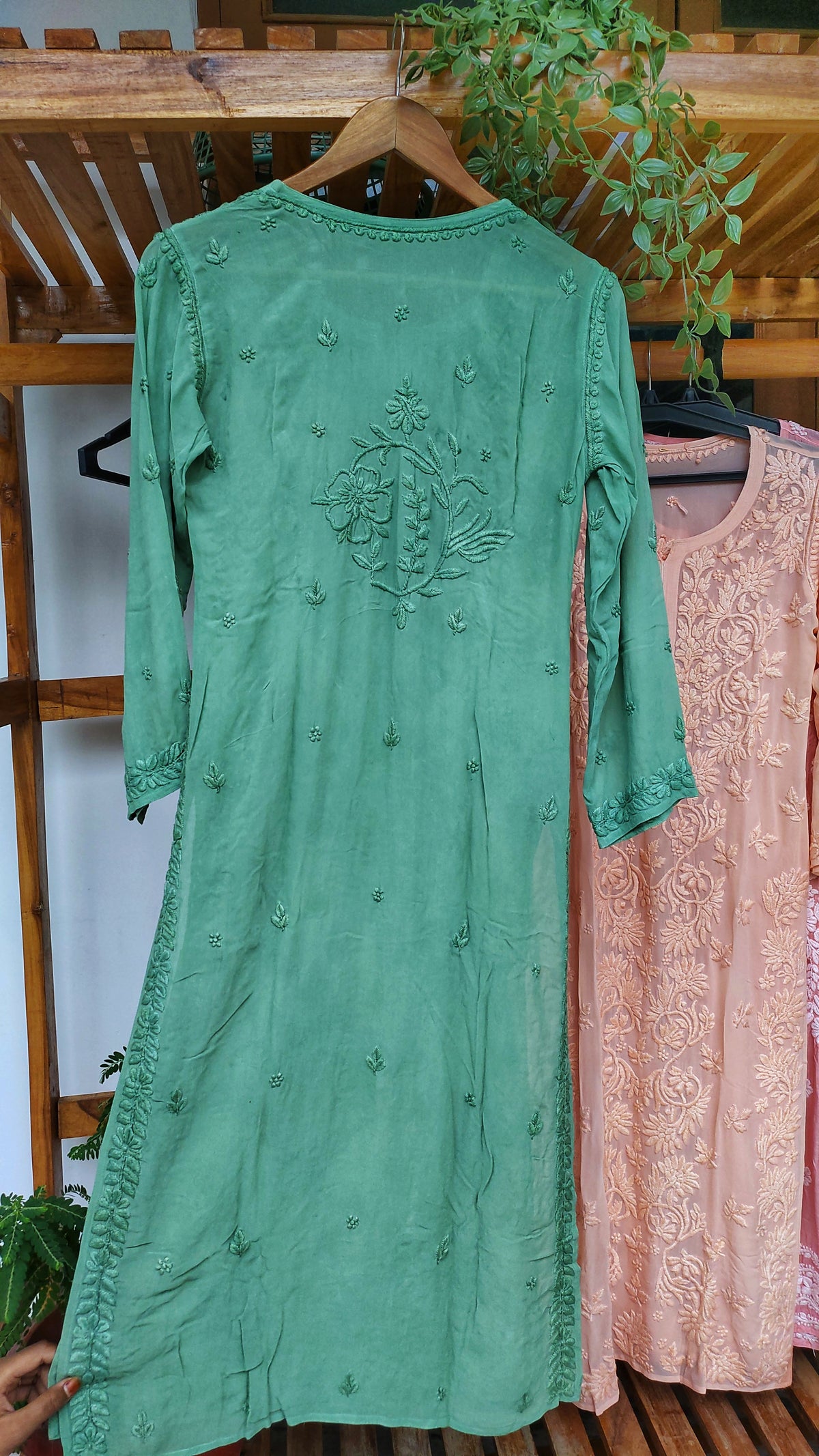 Handmade Adaya Floral Chikankari Long Kurti by LVW Fashions featuring intricate Lucknow Chikankari embroidery.