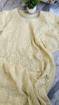 Aivaya Love premium georgette lemon pastel yellow chikankari kurta with intricate handmade Lucknow chikankari embroidery.