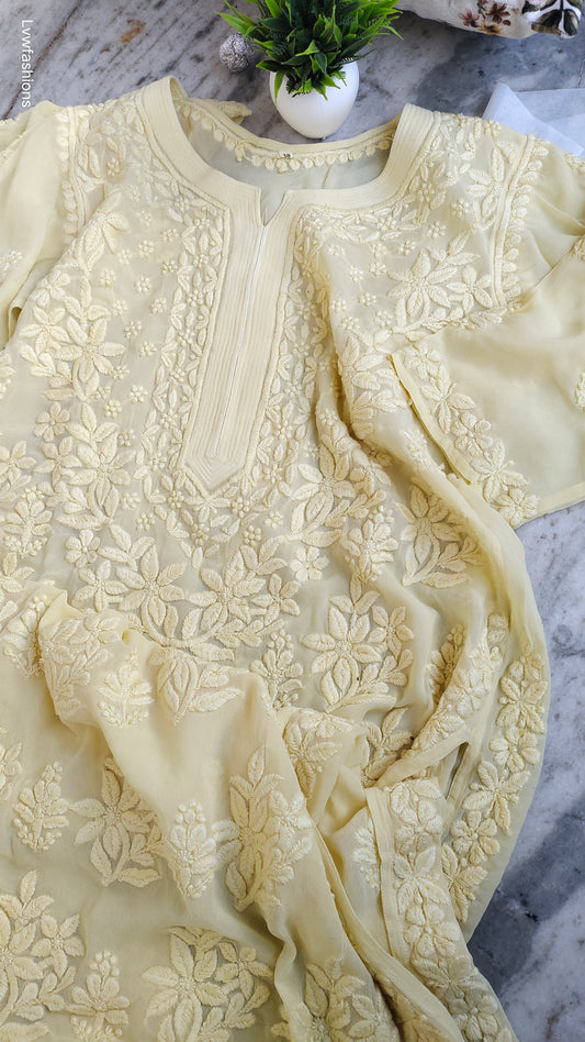 Aivaya Love premium georgette lemon pastel yellow chikankari kurta with intricate handmade Lucknow chikankari embroidery.