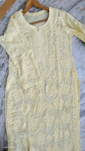 Aadya Love premium georgette lemon pastel yellow chikankari kurta with intricate white embroidery, handmade Lucknow chikankari style.