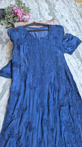 Luxurious metallic blue handcrafted Chikankari long kurta with pockets by LVW Fashions, featuring intricate Lucknow embroidery.