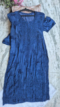 Luxurious metallic blue handcrafted Chikankari long kurta with pockets by LVW Fashions, featuring intricate Lucknow embroidery.