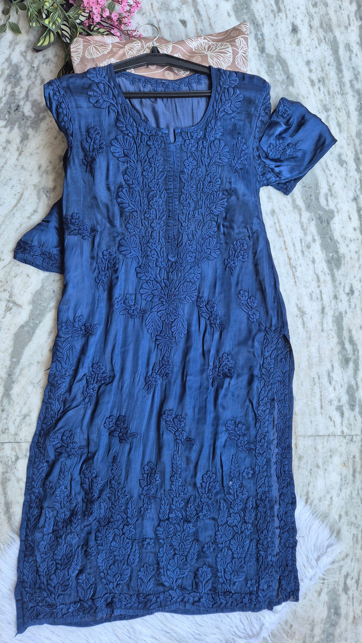 Luxurious metallic blue handcrafted Chikankari long kurta with pockets by LVW Fashions, featuring intricate Lucknow embroidery.