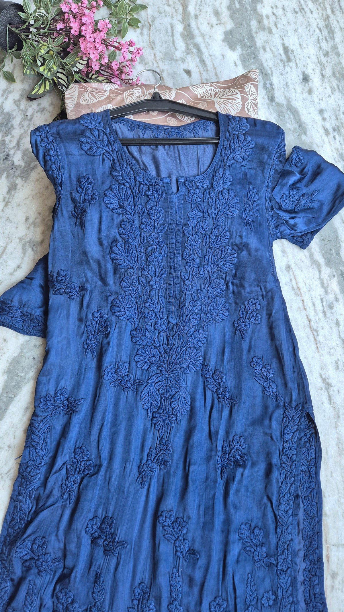 Handcrafted metallic blue long kurta with chikankari embroidery, pockets, from LVW Fashions, showcasing traditional Lucknow craftsmanship.
