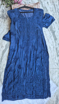 Handcrafted metallic blue long Kurta with pockets, LVW Fashions Adaya Luxurious Pure Chikankari Kurta, featuring intricate Lucknow embroidery.
