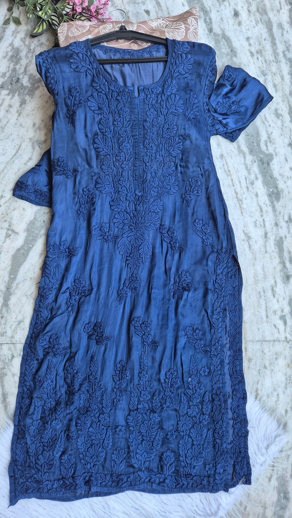 Handcrafted metallic blue long Kurta with pockets, LVW Fashions Adaya Luxurious Pure Chikankari Kurta, featuring intricate Lucknow embroidery.