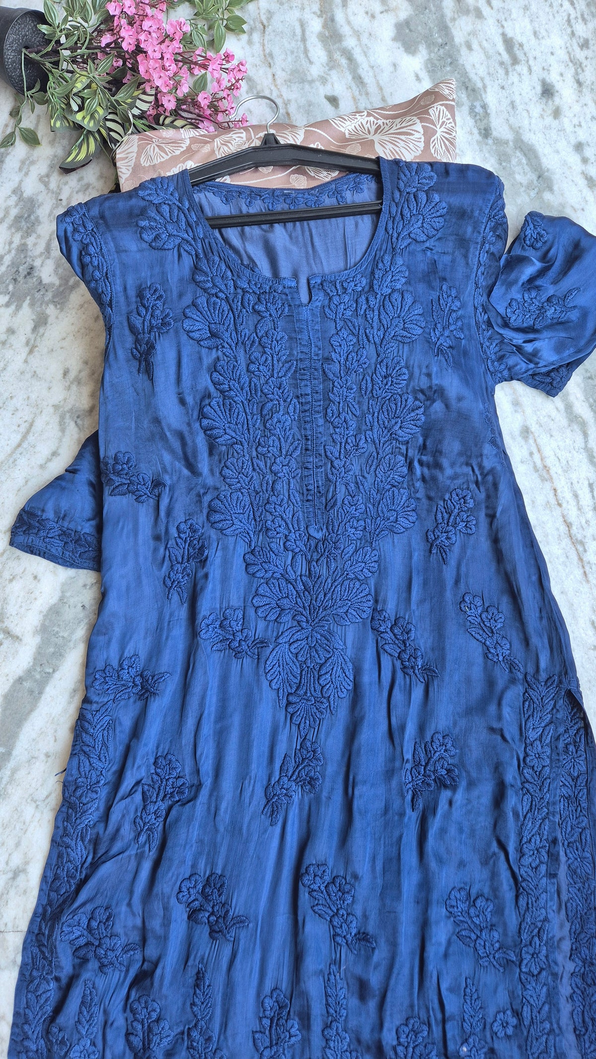 Luxurious handcrafted metallic blue long chikankari kurta with pockets by LVW Fashions, featuring intricate Lucknow chikankari embroidery.