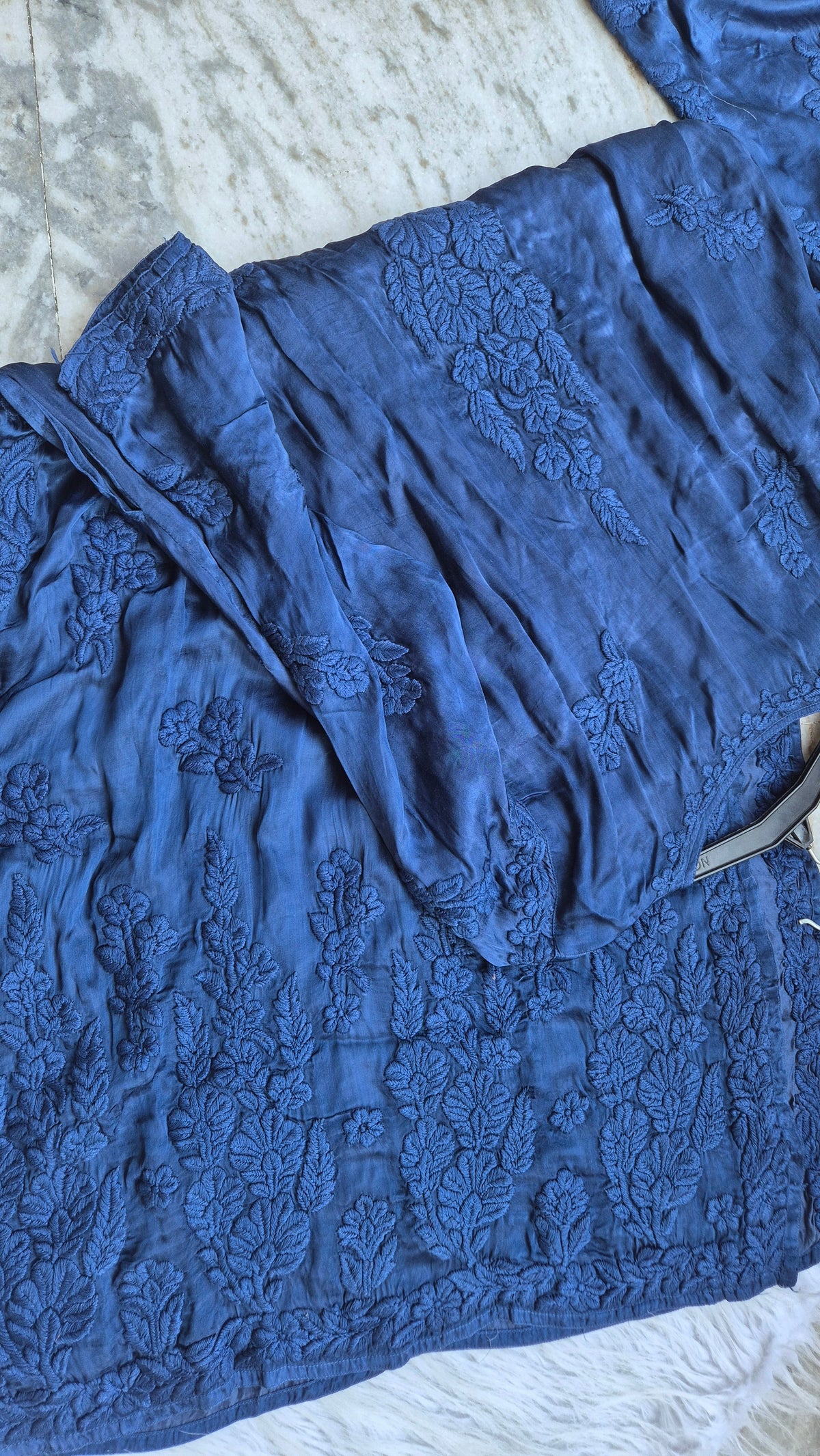 Luxurious metallic blue handcrafted Chikankari long kurta with pockets by LVW Fashions, featuring intricate Lucknow embroidery.