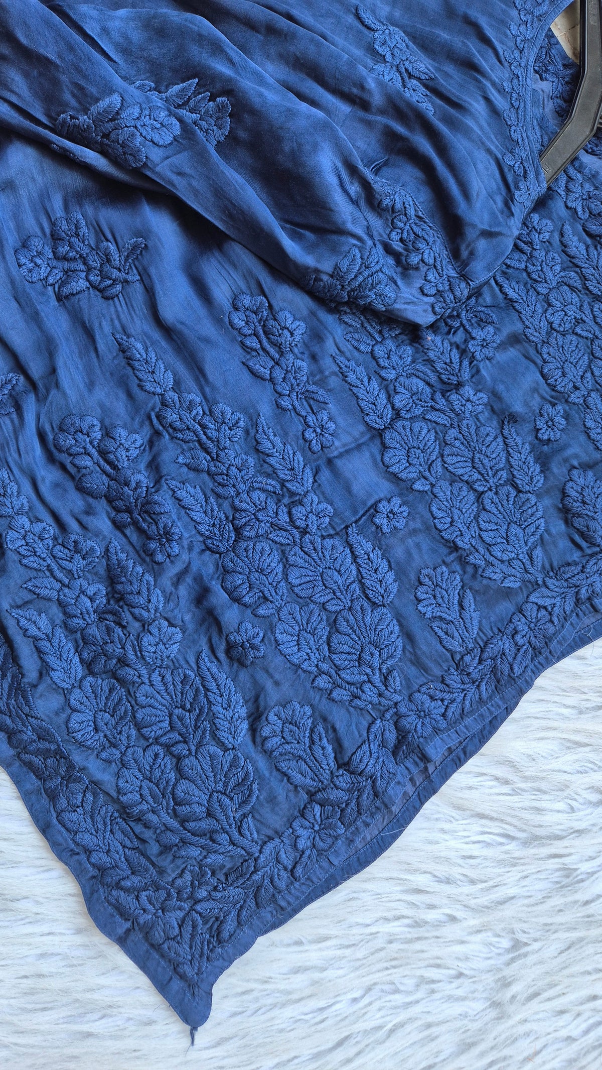 Luxurious metallic blue handcrafted Chikankari long kurta with pockets by LVW Fashions, showcasing intricate Lucknow embroidery.