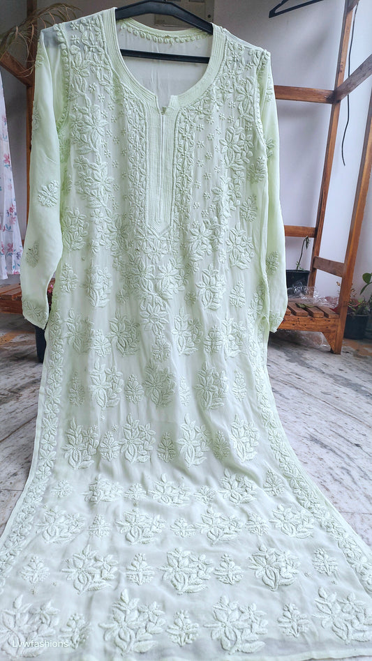 Aadya Morning Pista Green premium georgette kurta with intricate Lucknow chikankari embroidery, handcrafted by LVW Fashions.