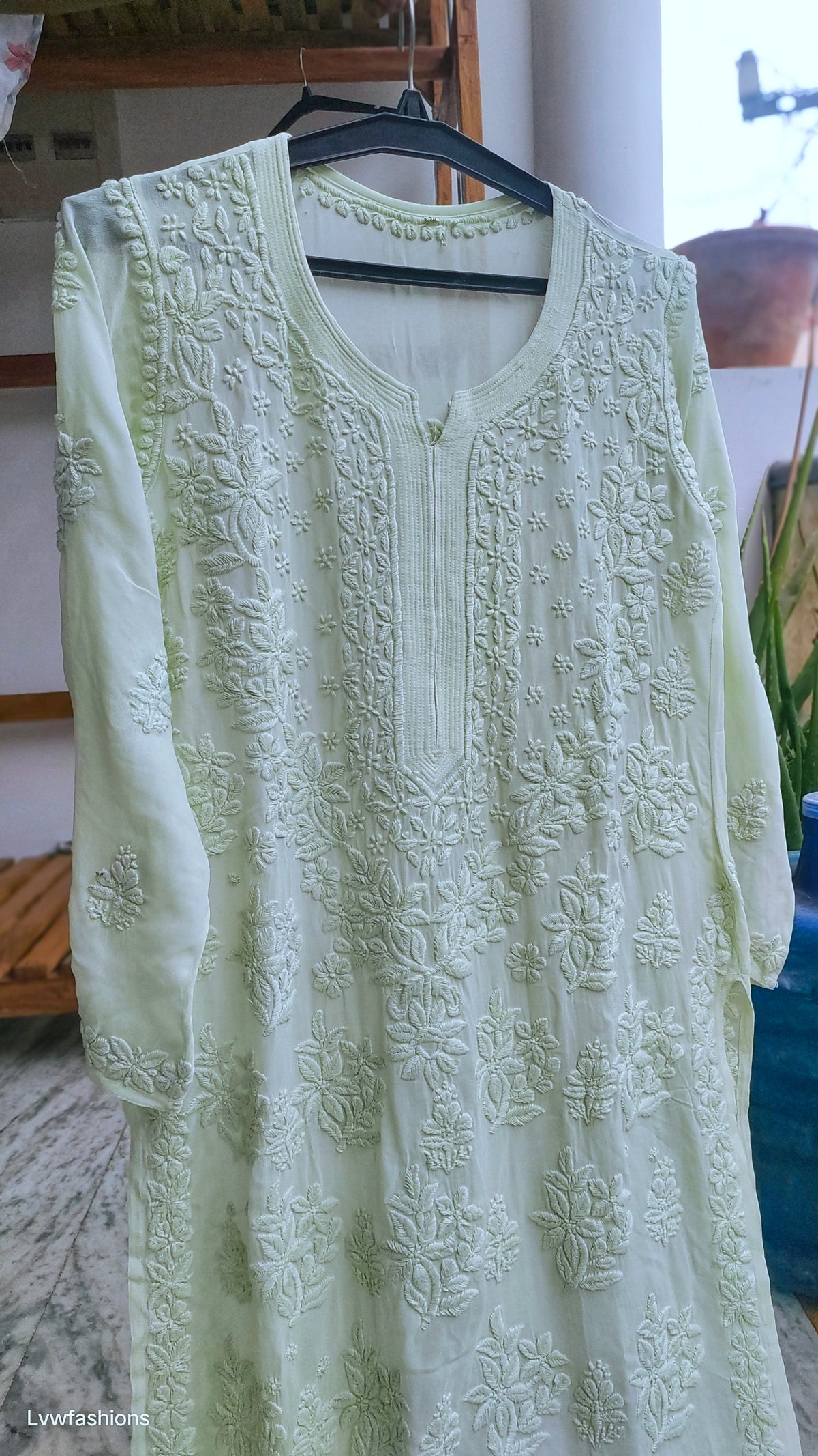 Pista green Adaya Morning premium georgette kurta by LVW Fashions with intricate Lucknow Chikankari embroidery.