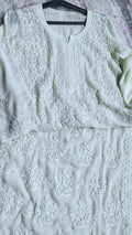Adaya Morning Pista Green Premium Georgette Kurta by LVW Fashions, handmade Lucknow Chikankari with luxurious look and intricate embroidery.