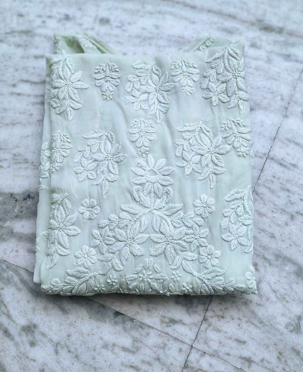 Aadya Morning Pista Green premium georgette kurta with intricate Lucknow chikankari embroidery, handmade by LVW Fashions.
