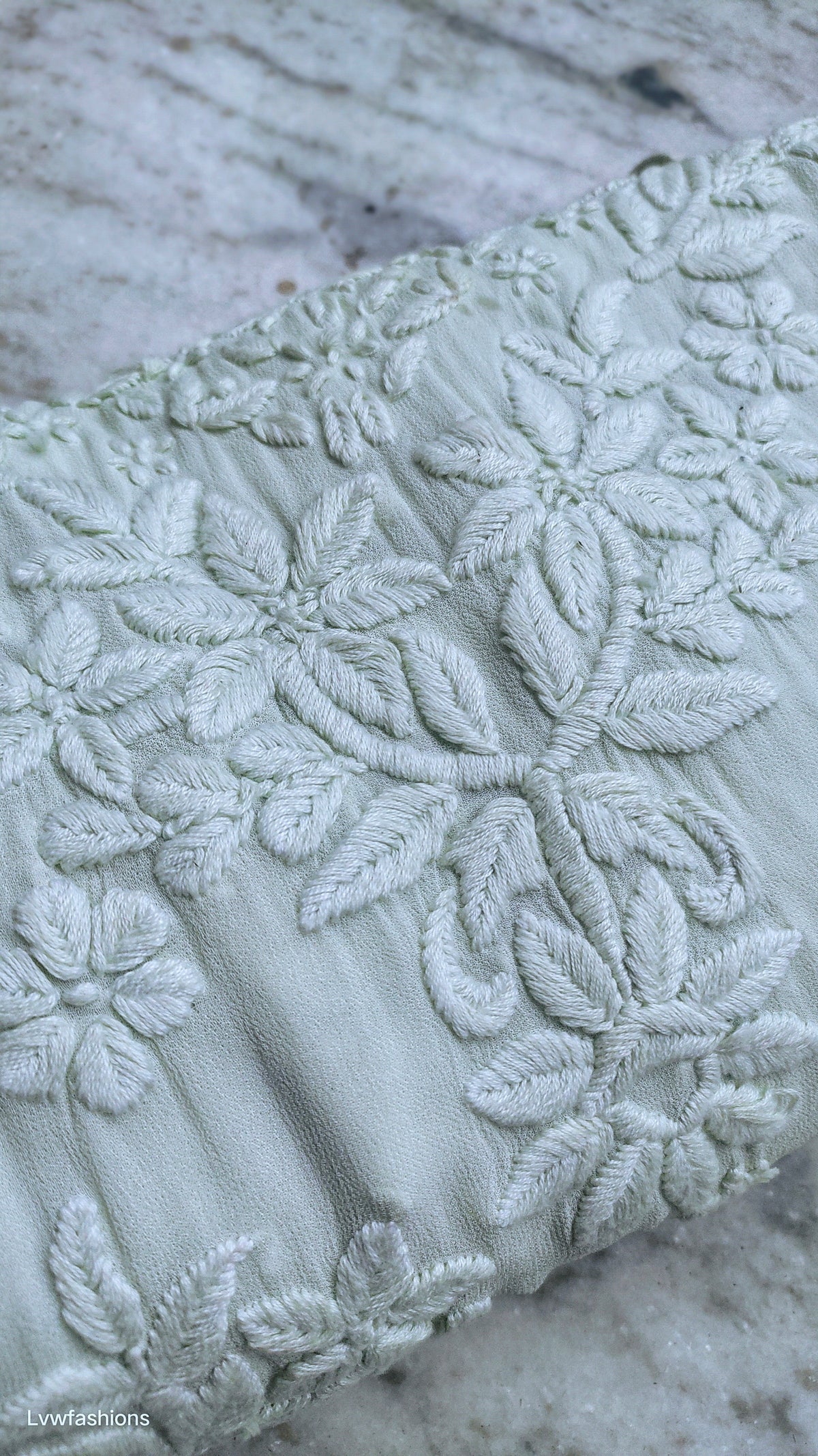 Aadya Morning Pista Green Premium Georgette Kurta with intricate Lucknow Chikankari embroidery, handmade by LVW Fashions.