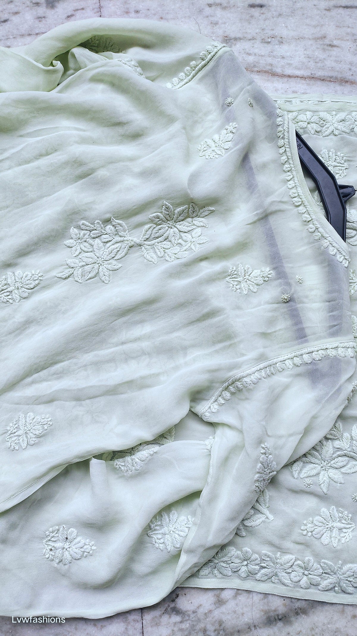 Adaya Morning Pista Green premium georgette kurta with intricate handmade Lucknow Chikankari embroidery, luxurious and elegant.