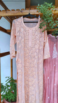 Adaya Panel Premium Georgette Chikankari Long Kurti by LVW Fashions, handmade Lucknow chikankari with intricate embroidery.