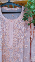 Aline Adaya Pannel Premium Georgette Chikankari Long Kurti by LVW Fashions with intricate handmade Lucknow Chikankari embroidery.