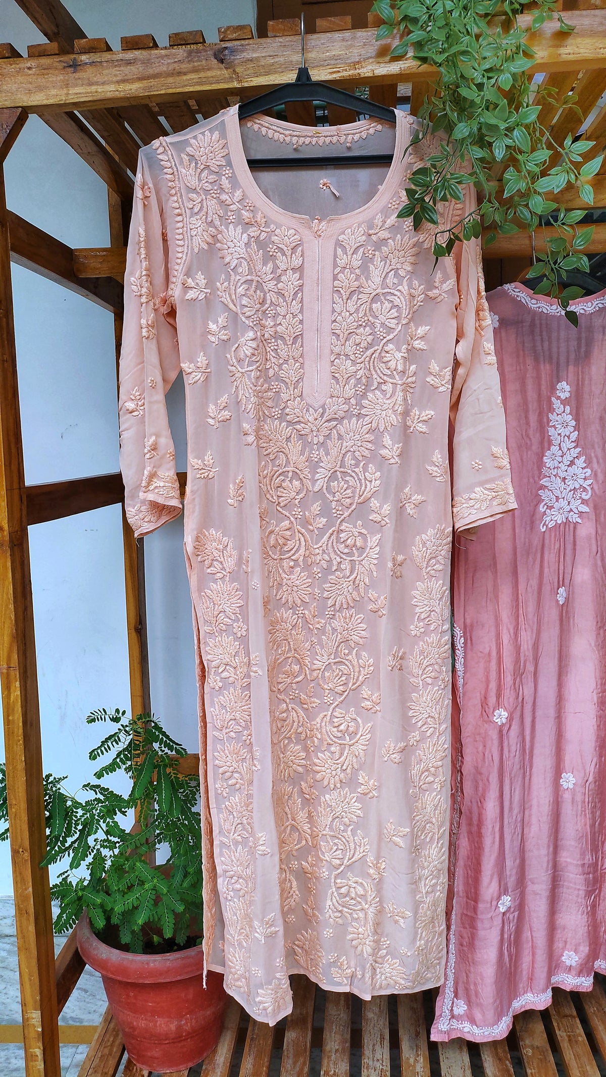 Aline Adaya Pannel Premium Georgette Chikankari Long Kurti by LVW Fashions, handmade Lucknow chikankari with intricate embroidery.