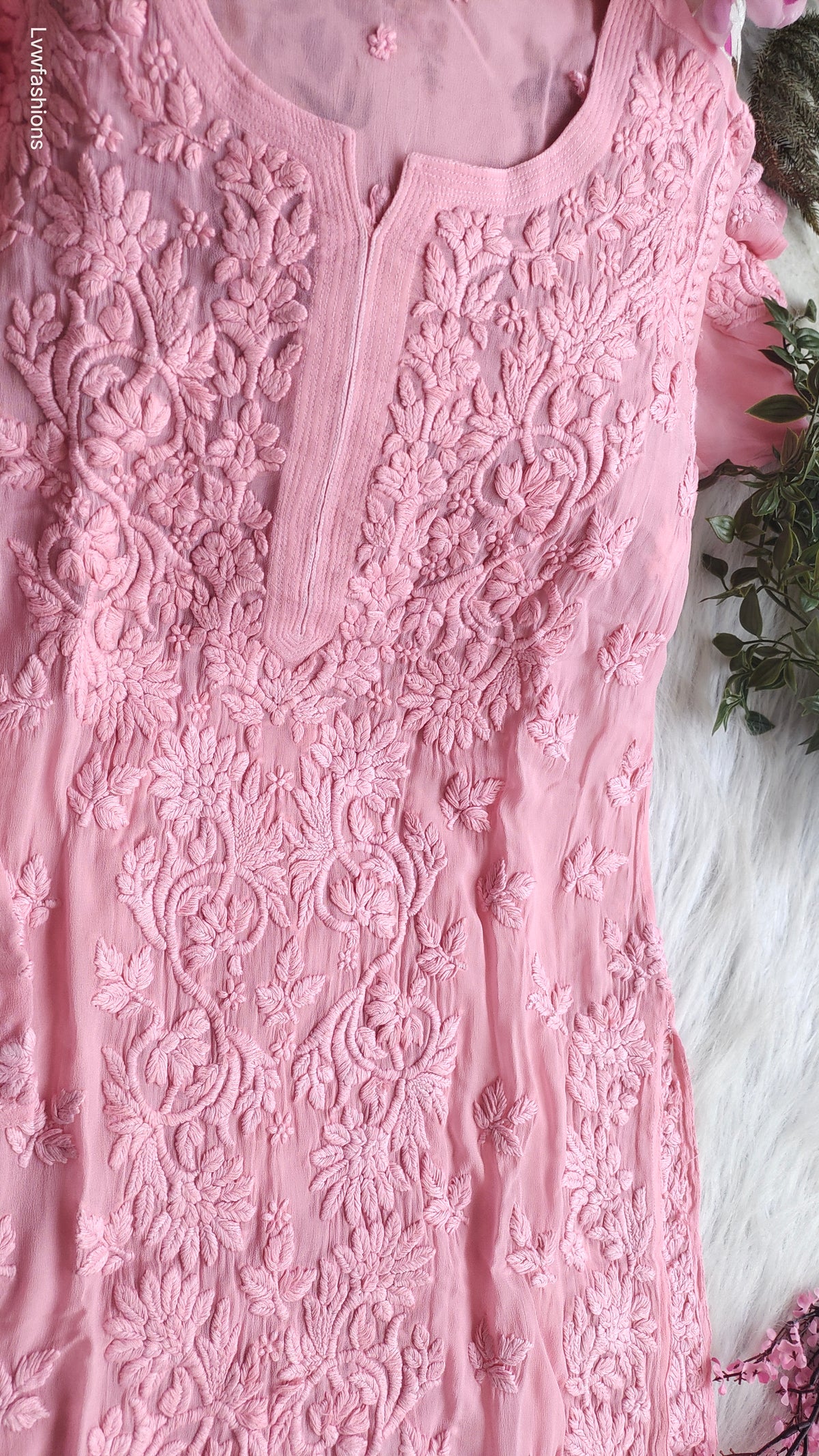 A luxurious look Adaya Pannel premium georgette chikankari kurta with intricate handmade Lucknow chikankari embroidery.