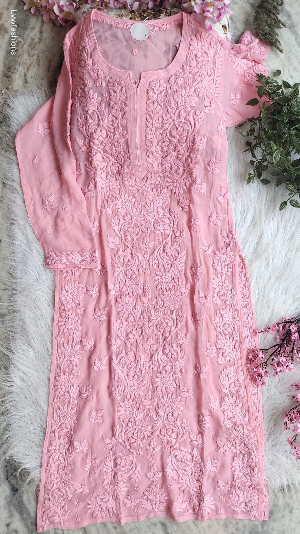 A handmade Adaya Pannel Premium Georgette Chikankari Kurta by LVW Fashions with intricate Lucknow-style embroidery.