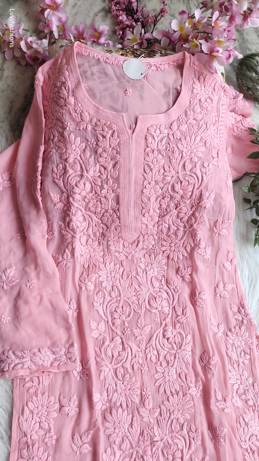 Aivaya Pannel premium georgette chikankari kurta by LVW Fashions with intricate Lucknow-style hand embroidery and luxurious look.