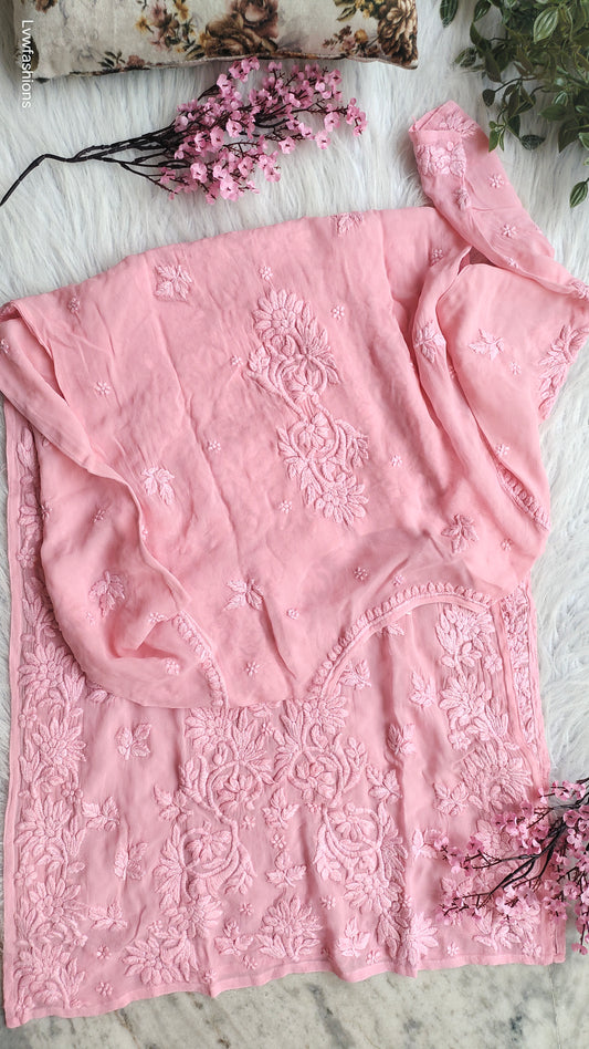 A luxurious Adaya Pannel Georgette Chikankari Kurta by LVW Fashions, featuring intricate handmade Lucknow chikankari embroidery.
