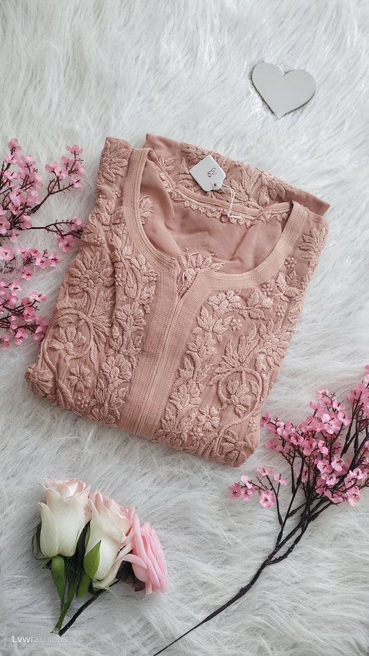 Aadya Powder Brown Premium Georgette Chikankari Long Kurta by LVW Fashions with intricate handmade Lucknow chikankari embroidery.
