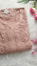 Aadya Powder Brown premium georgette long kurta with intricate handmade Lucknow chikankari embroidery by LVW Fashions.