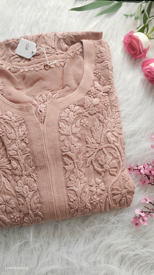 Aadya Powder Brown premium georgette long kurta with intricate handmade Lucknow chikankari embroidery by LVW Fashions.