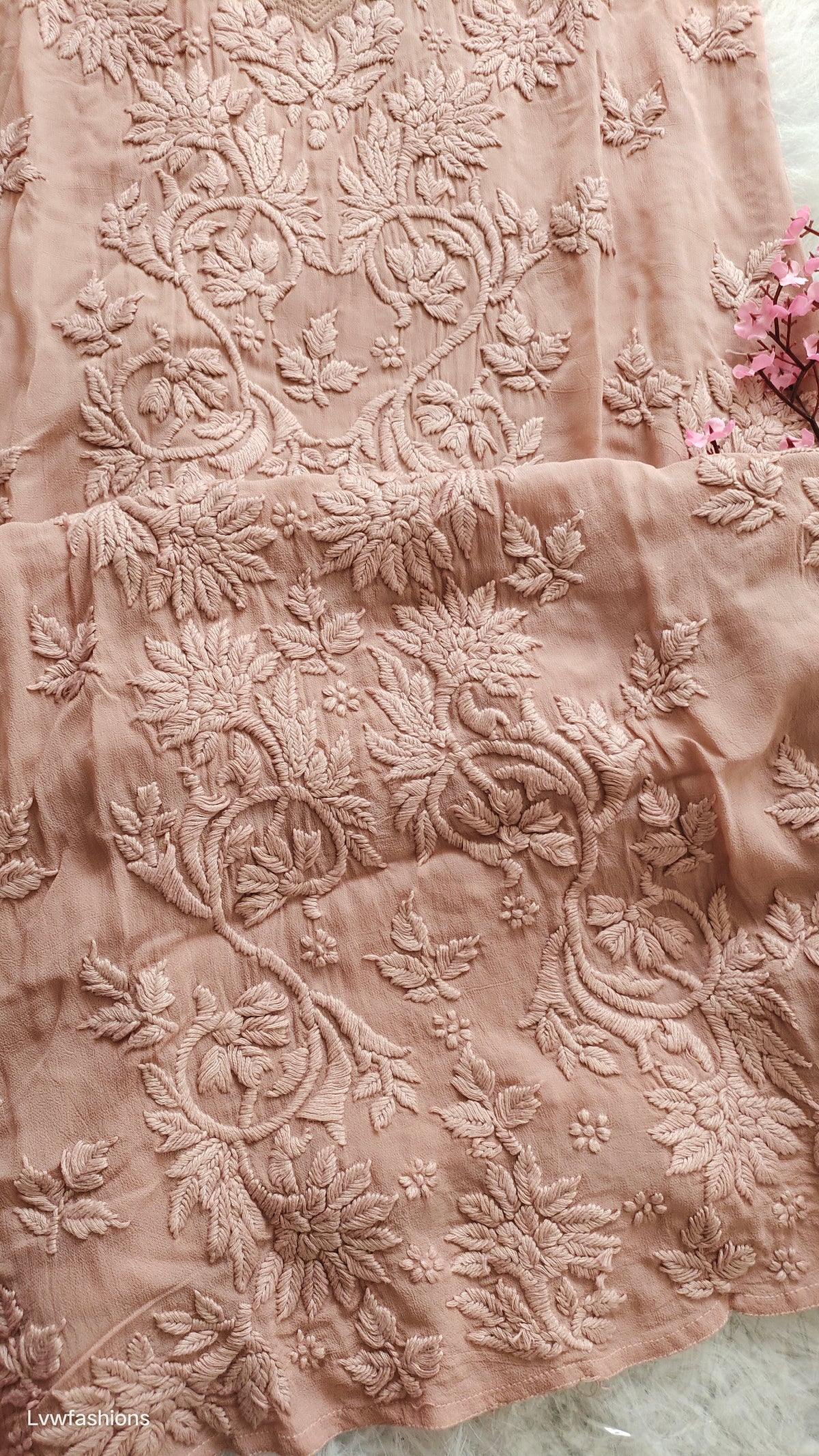 Aadya Powder Brown premium Georgette Chikankari long kurta with intricate hand-stitched Lucknow chikankari embroidery.