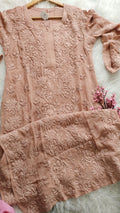 Aadya Powder Brown Premium Georgette Chikankari Long Kurta by LVW Fashions, showcasing intricate Lucknow-style hand embroidery.