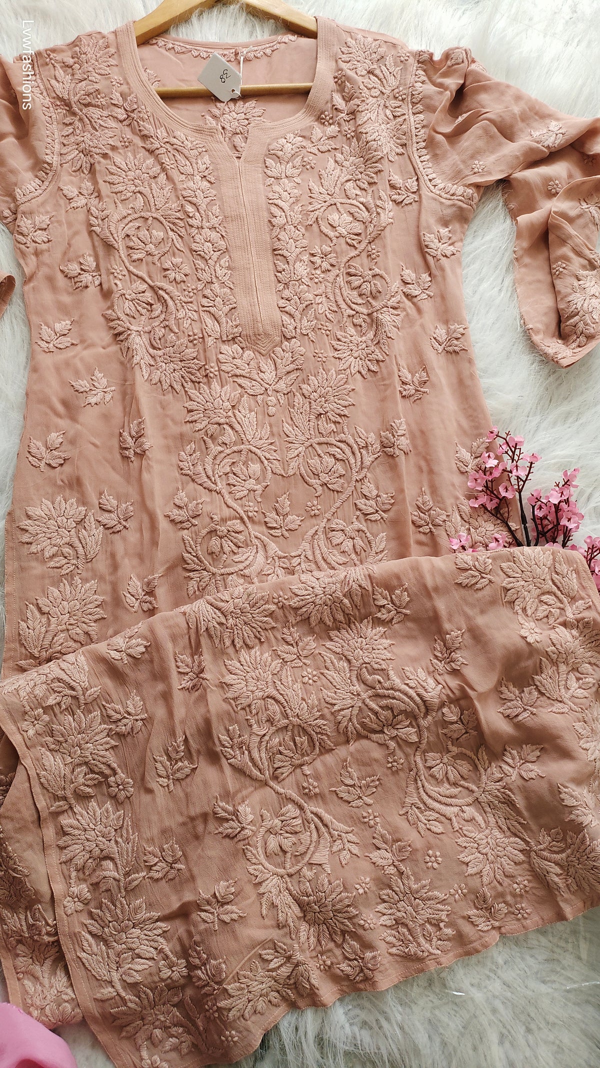 Aadya Powder Brown Premium Georgette Chikankari Long Kurta by LVW Fashions, showcasing intricate Lucknow-style hand embroidery.