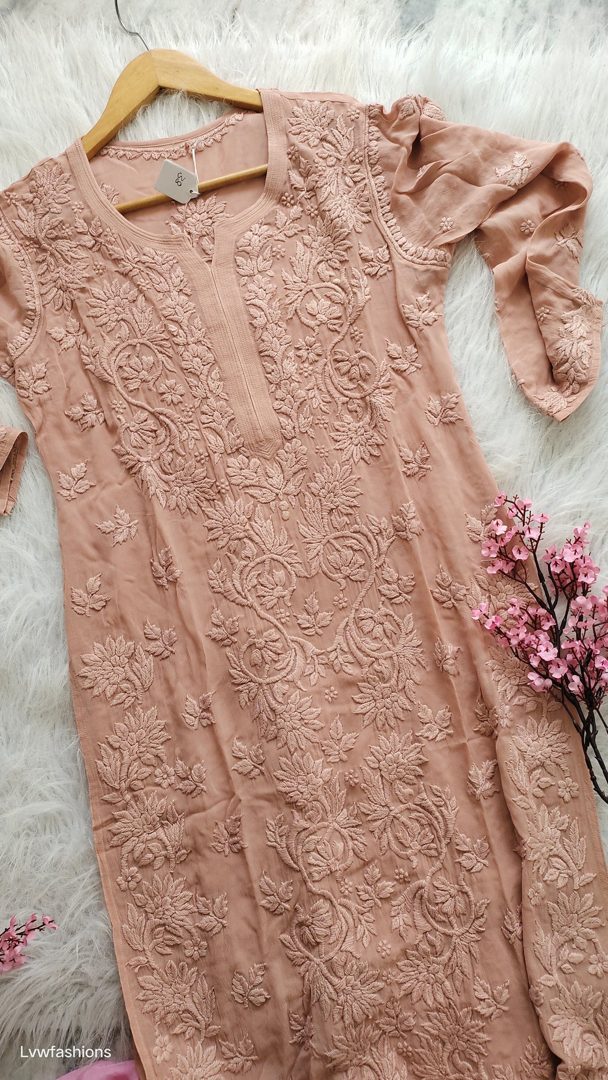 Aadaya Powder Brown Premium Georgette Chikankari Long Kurta by LVW Fashions featuring intricate handmade Lucknow Chikankari embroidery.