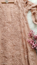 Aadya Powder Brown premium georgette long kurta with intricate handmade Lucknow chikankari embroidery by LVW Fashions.