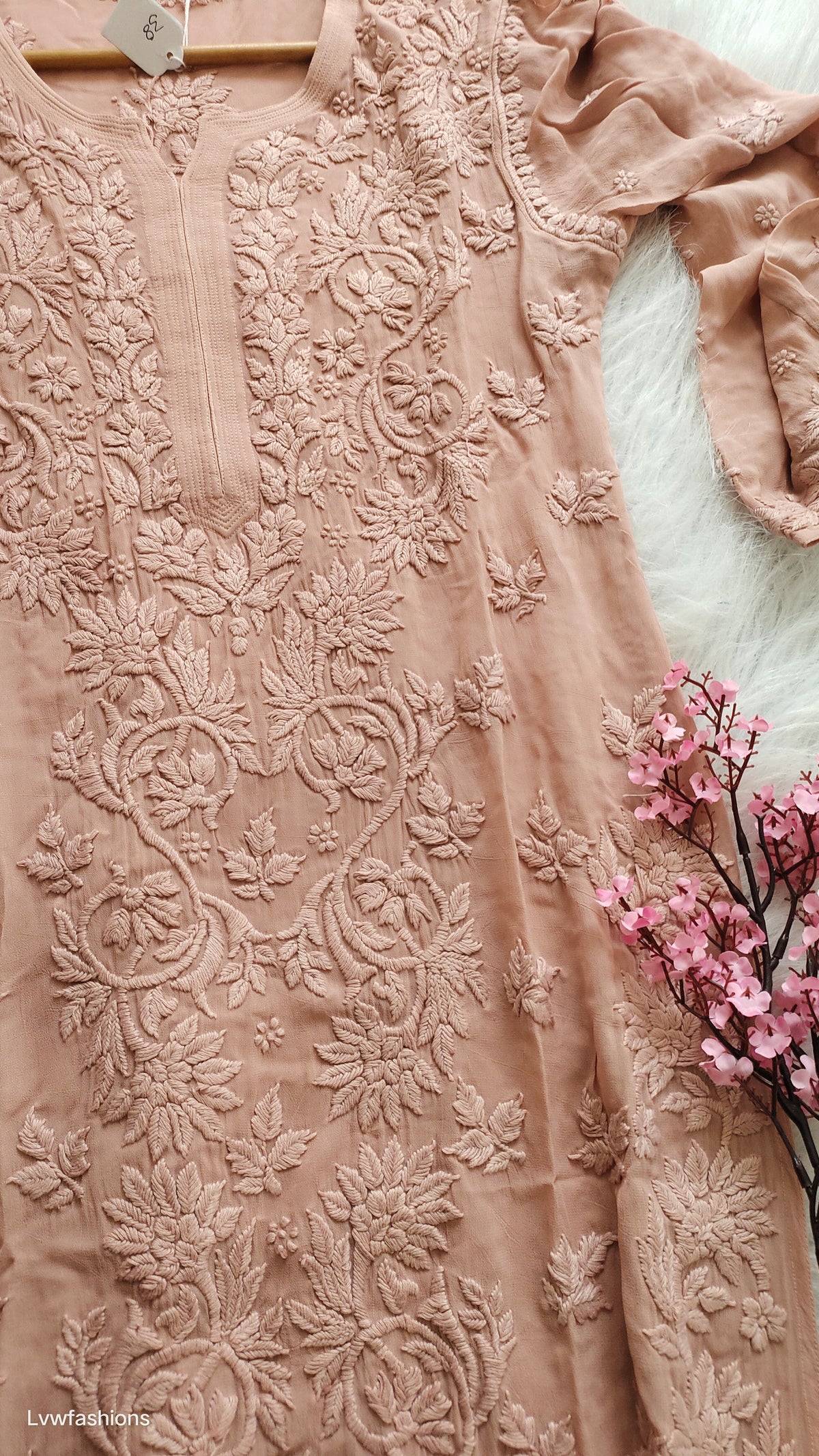 Aadya Powder Brown premium georgette long kurta with intricate handmade Lucknow chikankari embroidery by LVW Fashions.