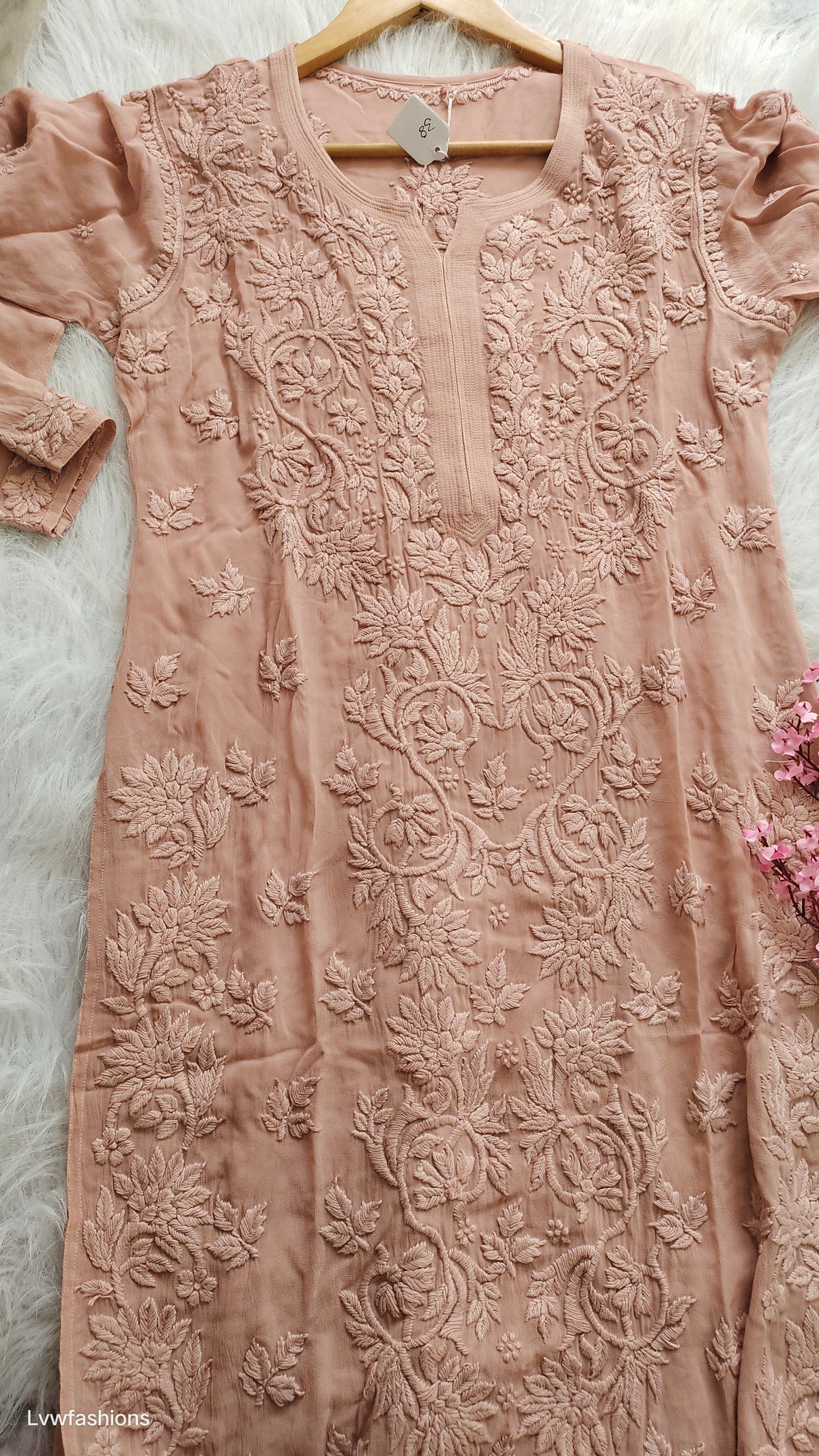 Ahandmade Adaya Powder Brown Georgette Chikankari Long Kurta by LVW Fashions, featuring intricate Lucknow chikankari embroidery.